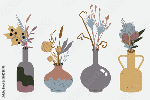 Winter bohemian bouquets: Collection of botanical compositions in vases. Trendy dried wild grass, flowers, leaves, plants. Hand drawn flat illustration. Elegant boho interior floral decor
