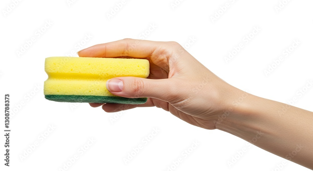 Hand Holding Yellow Sponge for Cleaning and Dishwashing on White Hand Holding Yellow Sponge for Cleaning and Dishwashing on White