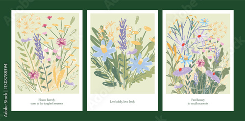 Floral Greeting Card Templates with Motivational Phrases. Hand-Drawn Wildflowers in Pastel Colors. Elegant Botanical Frames. Design for Mother's Day, Birthday, Easter. Vector Illustration.