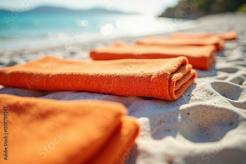 Orange towels on white sand, a tranquil beach scene evoking calm and simplicity.