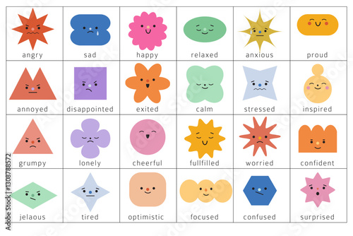 Collection of different emotions and feelings. Abstract geometric characters. Cartoon cute comic shapes with face expressions. Childish flat vector illustrations isolated on white