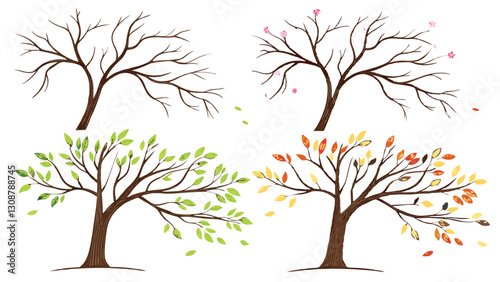 Elegant Seasonal Tree Illustration Depicting Spring, Autumn, and Winter with Swirling Branches and Vibrant Leaves on a White Background