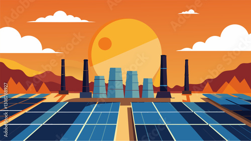 The sun shines down on a sea of solar panels just steps away from the towering chimneys of a fossil fuel plant a symbol of the old guard of energy. Vector illustration