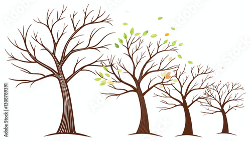Elegant Seasonal Tree Illustration Depicting Spring, Autumn, and Winter with Swirling Branches and Vibrant Leaves on a White Background
