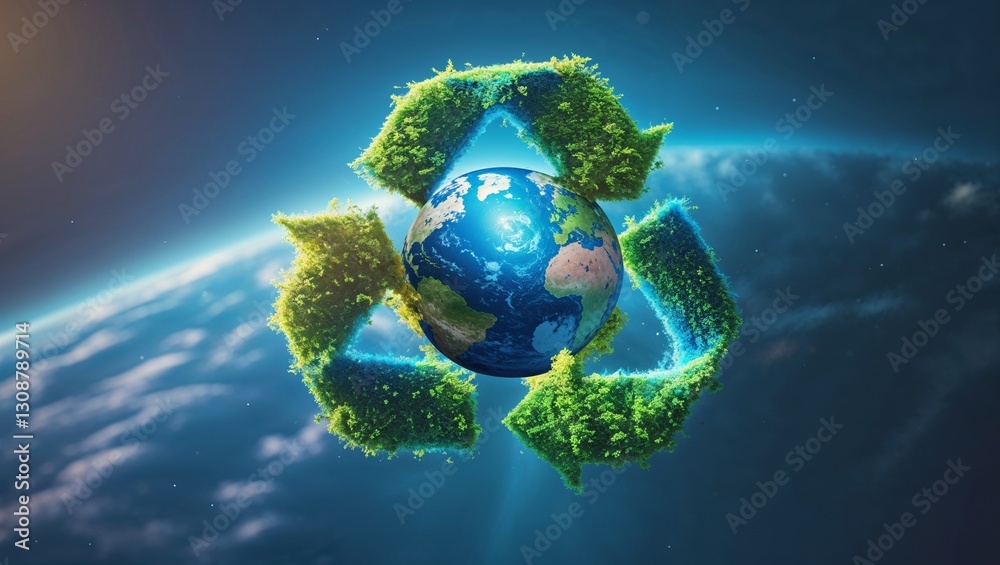 Fototapeta premium Recycling symbol with Earth at the center, symbolizing global sustainability and environmental protection