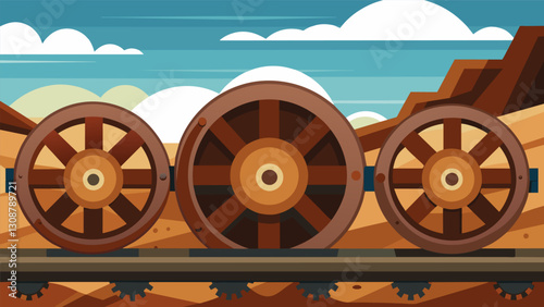 The wheels of a rusted ore train now deteriorating on the tracks were once a vital part of the mining operation.. Vector illustration