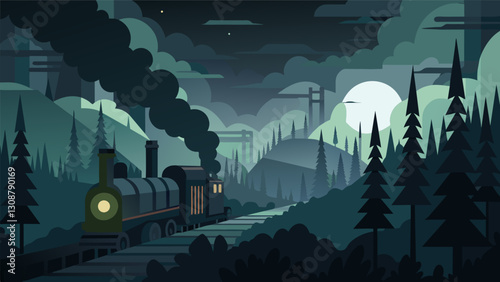 Under the cover of darkness a train slowly makes its way through a dense forest the faint smell of petroleum filling the air as it transports its. Vector illustration