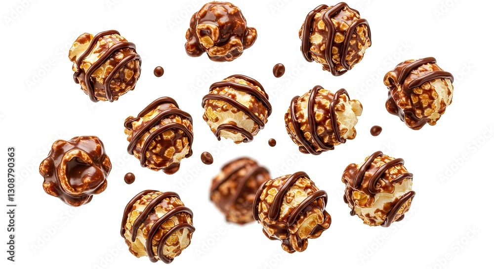 Chocolate Drizzled Popcorn Balls Floating on White Background Studio Shot Chocolate Drizzled Popcorn Balls Floating on White Background Studio Shot