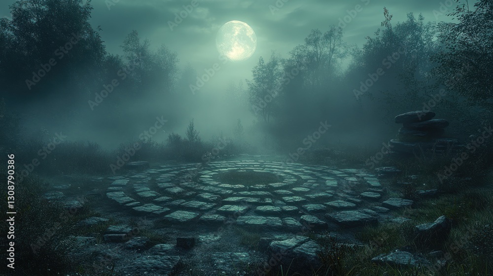 Obraz premium Moonlit stone circle in foggy forest clearing at night