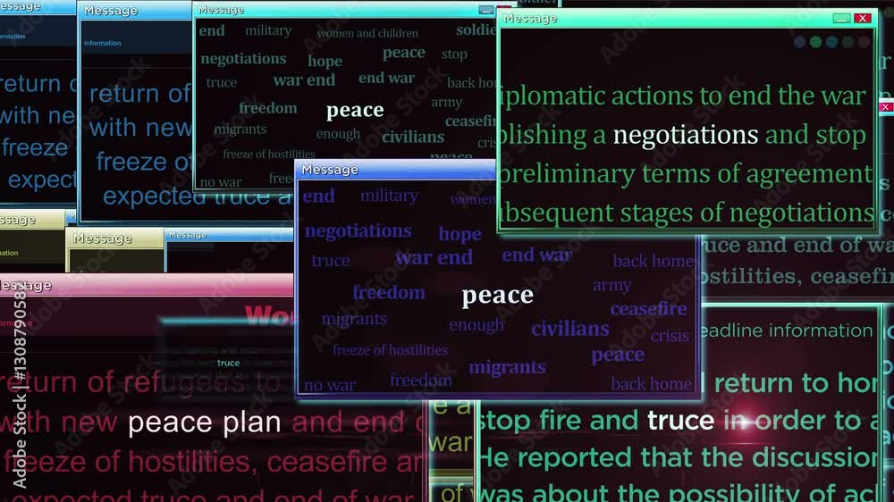 Peace plan and war end negotiations pop up windows on computer screen. Abstract concept of news titles across social media. Seamless and looped.
