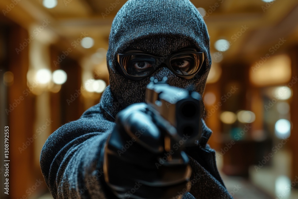 Masked criminal aiming a gun, robbery in progress, law enforcement investigating armed threat