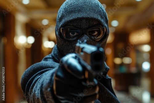 Obraz na płótnie Masked criminal aiming a gun, robbery in progress, law enforcement investigating armed threat w salonie