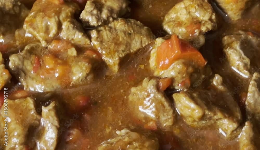 Close up of making delicious beef stew goulash with red bell paper Close up of making delicious beef stew goulash with red bell paper