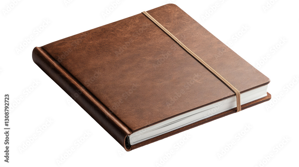 a brown leather journal with an elastic closure on an angle isolated, transparent background a brown leather journal with an elastic closure on an angle isolated, transparent background