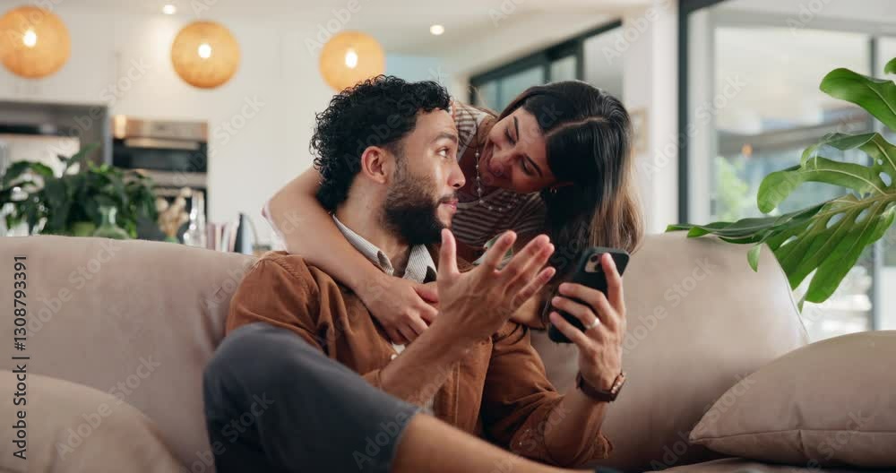 Happy couple hug, talking and mobile in home for wow, online shopping or surprise purchase for sale. Man, woman and typing on phone on sofa to relax for streaming service, social media or show video