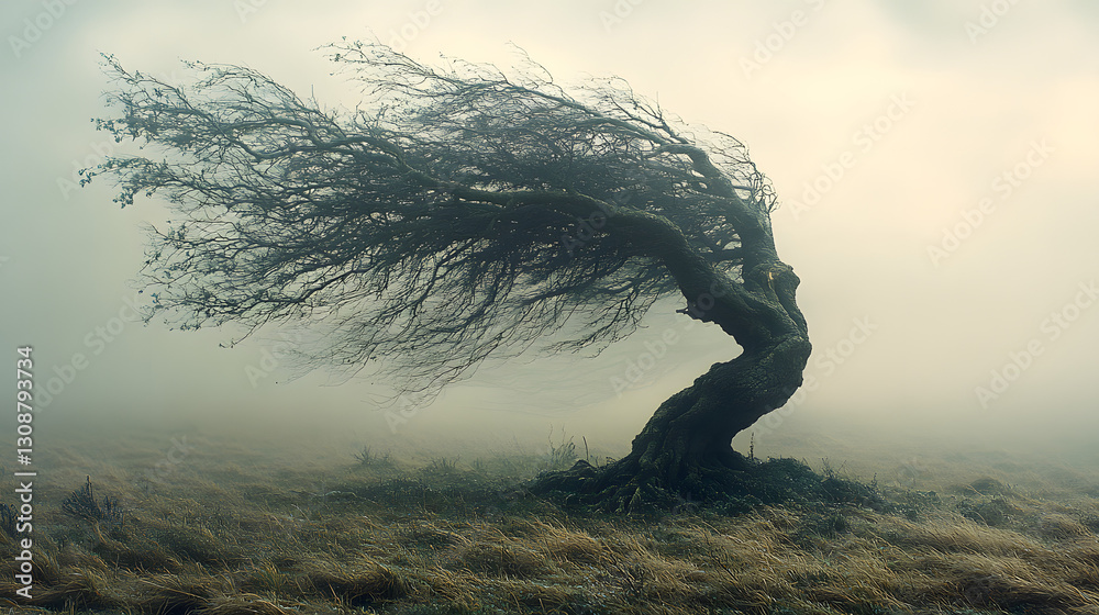 Whispering Winds: A lone, windswept tree stands defiant against a swirling, misty sky, embodying resilience in a raw, natural landscape.