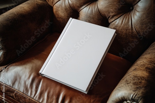Mockup of white closed book on vintage leather chair. Minimalistic mockup for design and printing