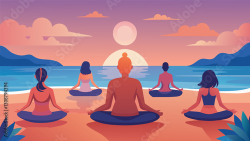 The calm ocean waters provide the perfect mirror for the group of yogis whose reflections stretch out in front of them at a sunset yoga session on the. Vector illustration