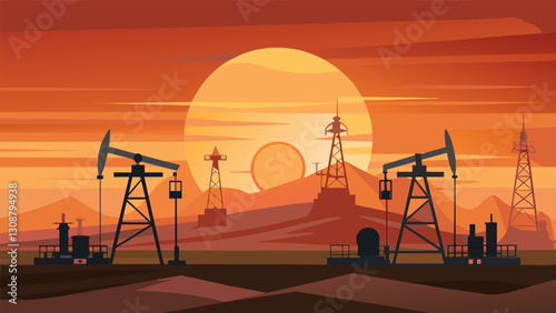 The sun setting over a peaceful oil field casting an orange glow on the shiny metal structures and pipes.. Vector illustration