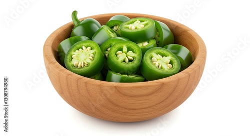 Sliced Jalapenos in Wood Bowl Fresh Green Peppers for Cooking
