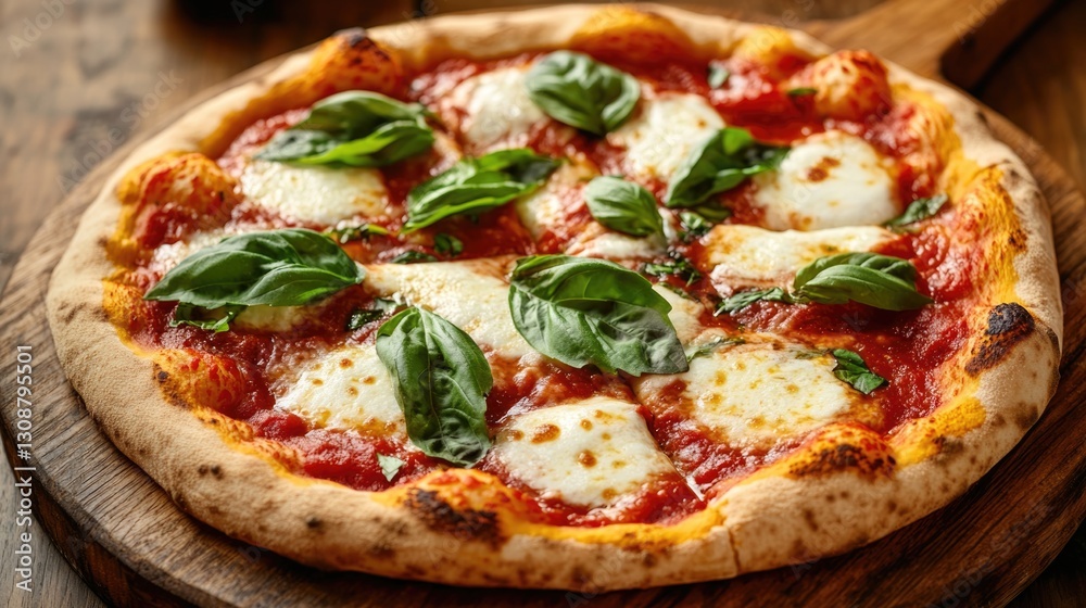 A delicious pizza topped with tomato sauce and fresh basil leaves A delicious pizza topped with tomato sauce and fresh basil leaves