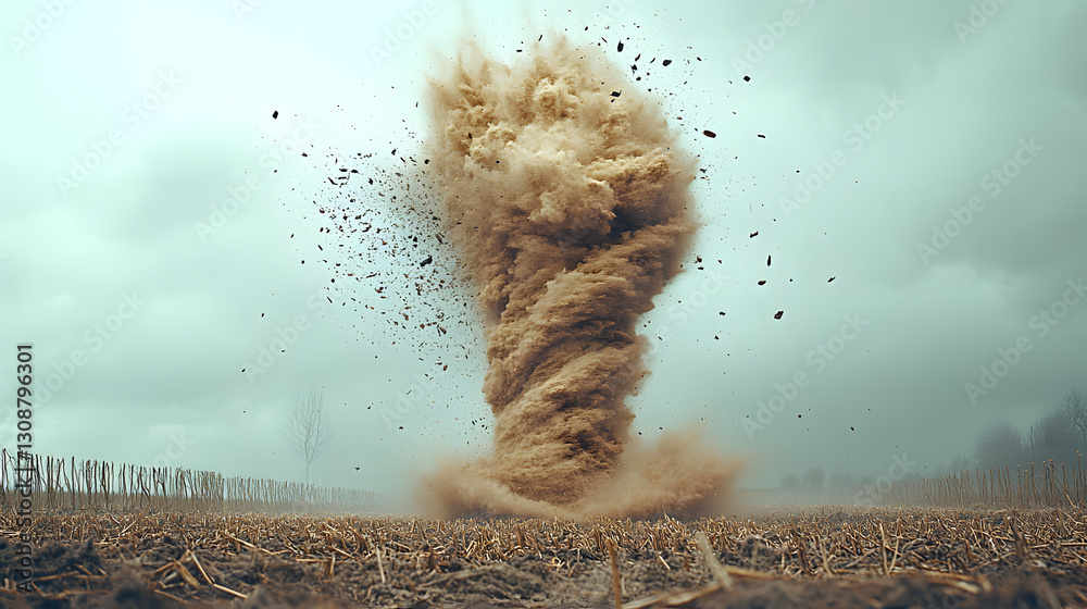 Dust Devil in the Field: Capturing the raw power and ephemeral beauty of nature, a swirling dust devil dances across a vast, barren field under an ominous sky.