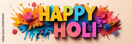 Happy Holi 3D Paper-Cut Typography with Color Splash and Festive Decorations