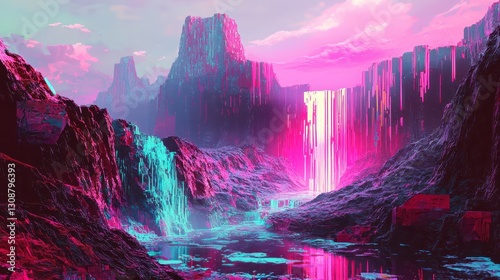 Futuristic Neon Waterfall in the Mountains