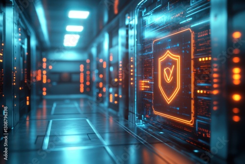 Cybersecurity infrastructure in a digital server room, encrypted data protection, secure firewall in network security
