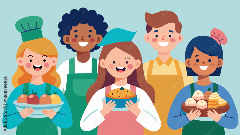 Smiling volunteers manning a colorful array of homemade baked goods ready to satisfy any sweet tooth.. Vector illustration Smiling volunteers manning a colorful array of homemade baked goods ready to satisfy any sweet tooth.. Vector illustration