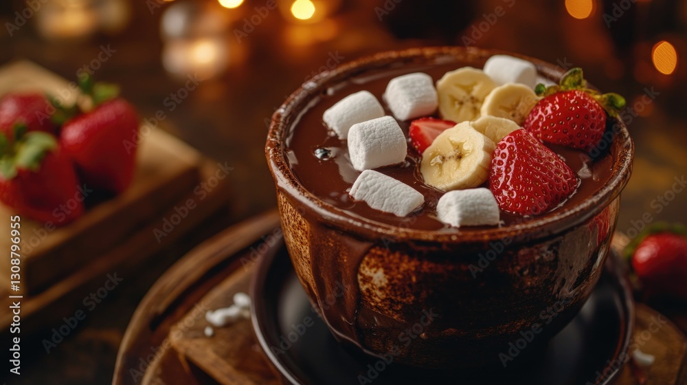 A delicious chocolate fondue with fruit and marshmallows is presented A delicious chocolate fondue with fruit and marshmallows is presented