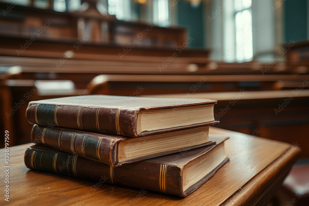 Collection of law books in a trial room, evidence and legal precedent, justice system resources