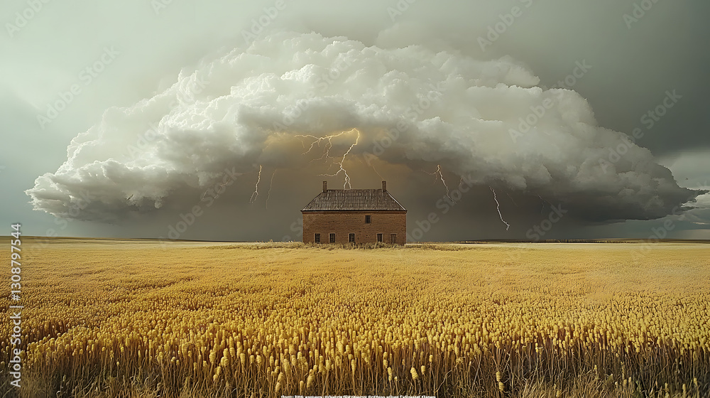 Stormy Skies over Farmhouse: An isolated farmhouse stands defiant amidst a vast, golden wheat field under the ominous shadow of a dramatic storm, with flashes of lightning illuminating the sky.