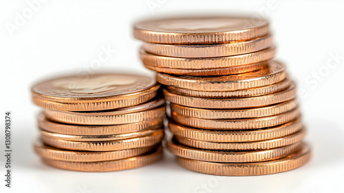 Stacked coins, isolated, bright, background Representing money, saving, investment, finance, wealth, currency, and concept art
