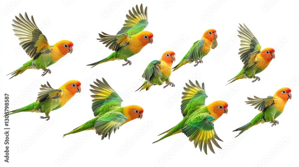 Obraz premium Nine Sun Parakeets in flight, isolated on white.