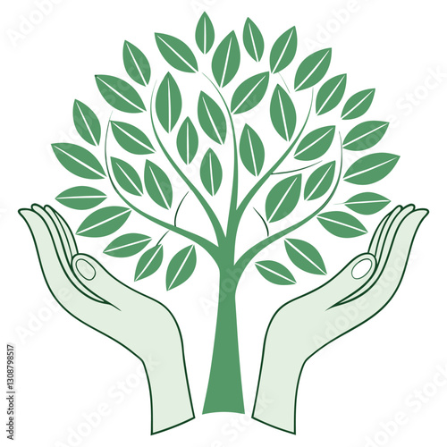 Green hands nurturing a growing tree, environmental protection and eco-friendly concept, vector illustration of a tree with leaves in the care of hands, symbolizing sustainability and nature 