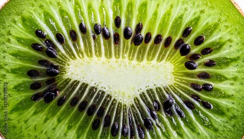 Extreme macro kiwi cross-section: bright green pulp & tiny black seeds.  Vibrant fruit detail, juicy.  Fresh food close-up, natural.

