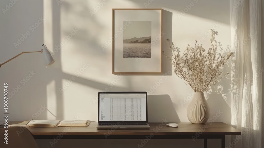 Fototapeta premium Sunlit home office desk, laptop spreadsheet, calm workspace, dried flowers, work from home