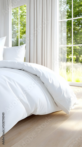 Sunlit bedroom, crisp white bedding, hardwood floor, garden view photo