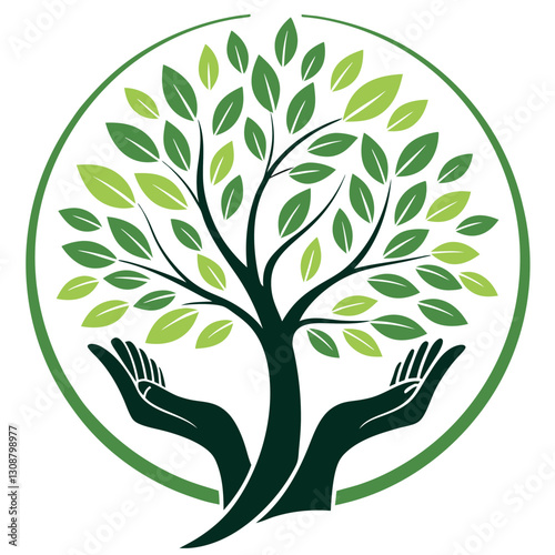 Green hands nurturing a growing tree, environmental protection and eco-friendly concept, vector illustration of a tree with leaves in the care of hands, symbolizing sustainability and nature 