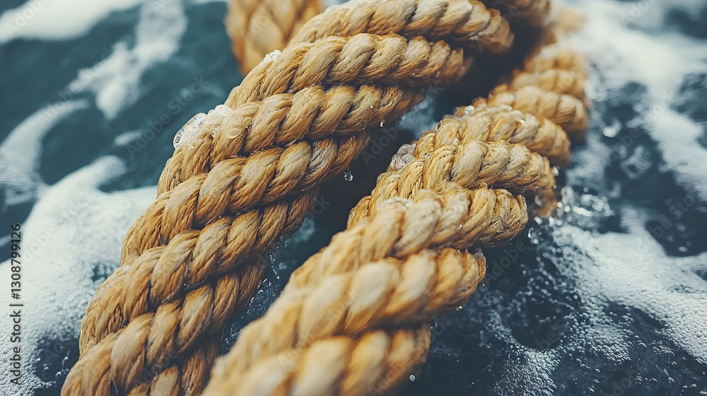 Strong Rope on Water: A close-up shot reveals a robust rope intricately intertwined, resting on the textured surface of water, with gentle waves creating a sense of movement.