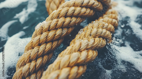 Obraz na płótnie Strong Rope on Water: A close-up shot reveals a robust rope intricately intertwined, resting on the textured surface of water, with gentle waves creating a sense of movement. w salonie