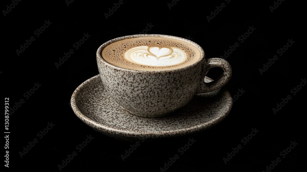 Grey cup of latte art coffee on saucer. Grey cup of latte art coffee on saucer.