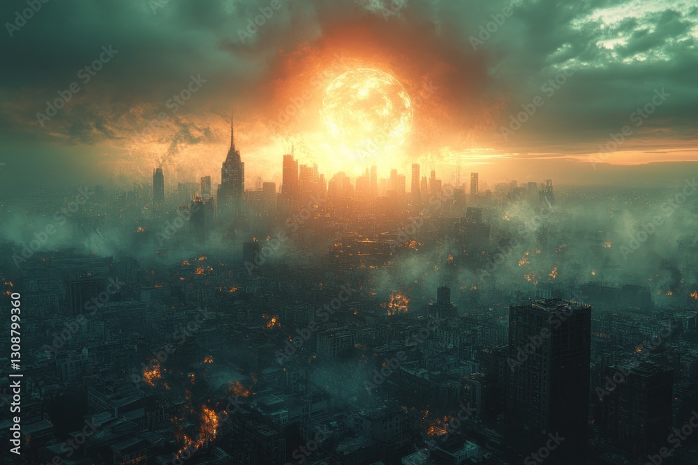 Fototapeta premium Giant moon over foggy, burning city at sunset