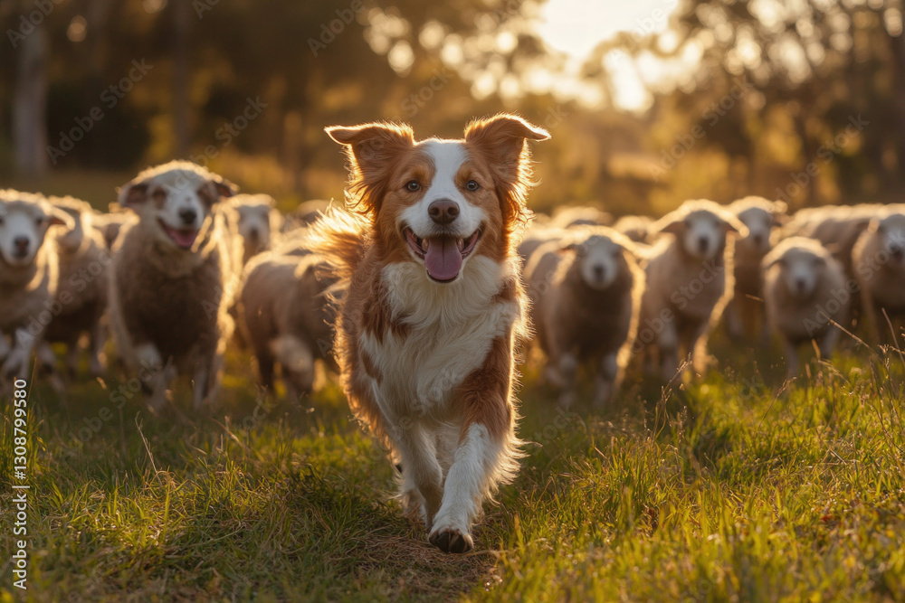 A Koolie dog herding sheep, alert and energetic, natural setting A Koolie dog herding sheep, alert and energetic, natural setting