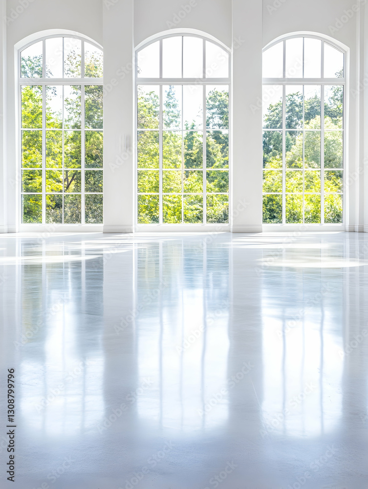 Fototapeta premium Sunlit interior room with three arched windows overlooking lush green trees; ideal for showcasing products or events