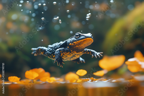 A palmate newt in a pond, d...