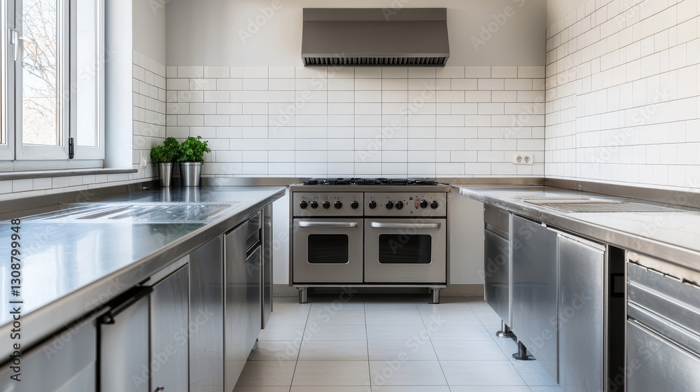 Fototapeta premium Modern Stainless Steel Kitchen with Bright Natural Light and Clean Design Features