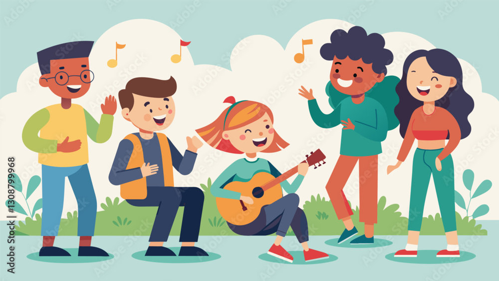 Smiling faces and tapping feet can be seen and heard as a group of music enthusiasts gather for an open jam session in the park.. Vector illustration Smiling faces and tapping feet can be seen and heard as a group of music enthusiasts gather for an open jam session in the park.. Vector illustration