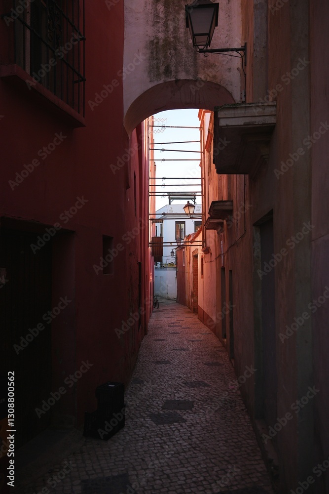 Narrow alleyway with arch and streetlights in the old town of Badajoz, Spain Narrow alleyway with arch and streetlights in the old town of Badajoz, Spain